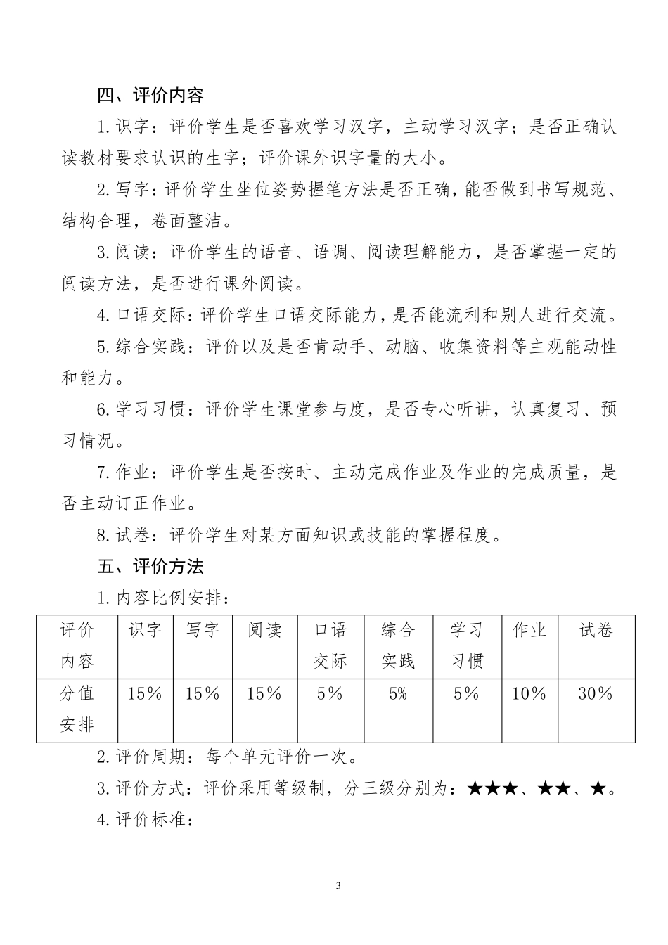 一年级下册语文学科过程性评价方案_第3页