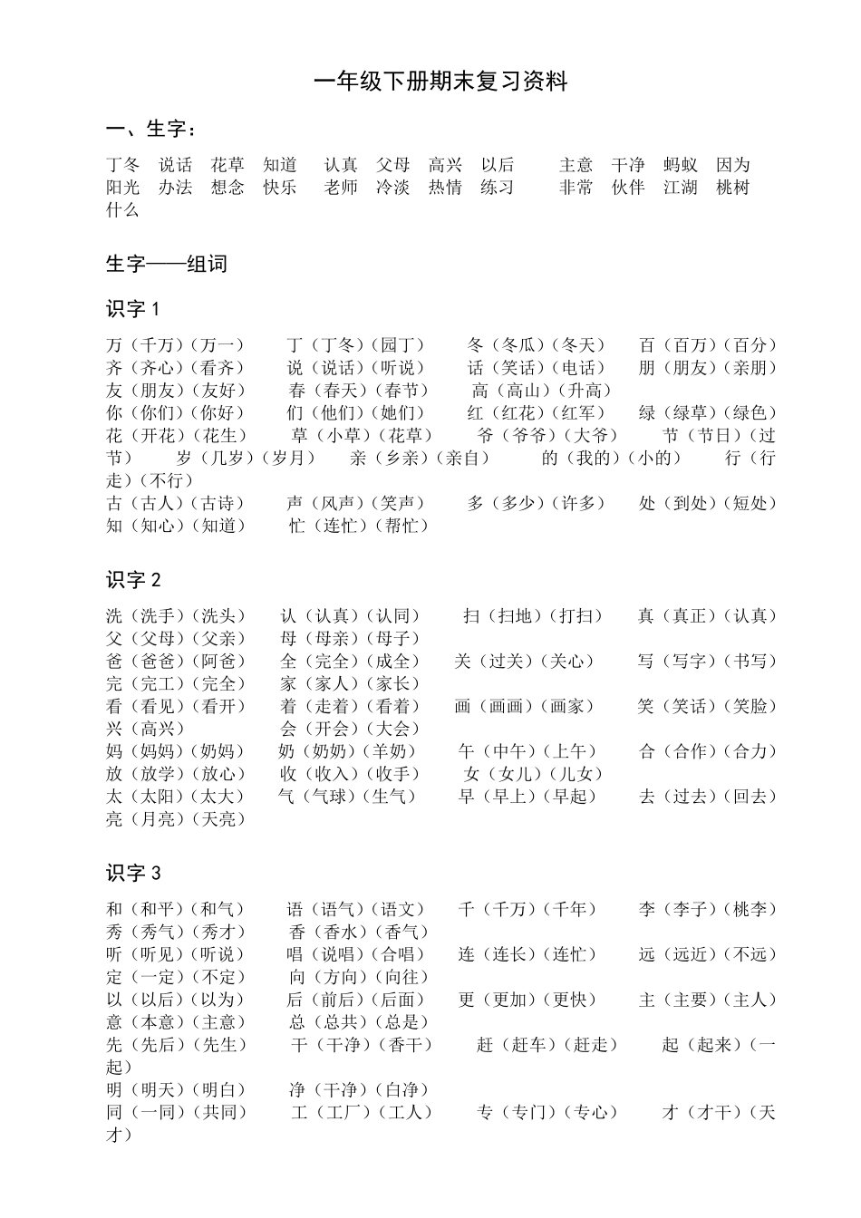 一年级下册语文期末复习资料重点_第1页
