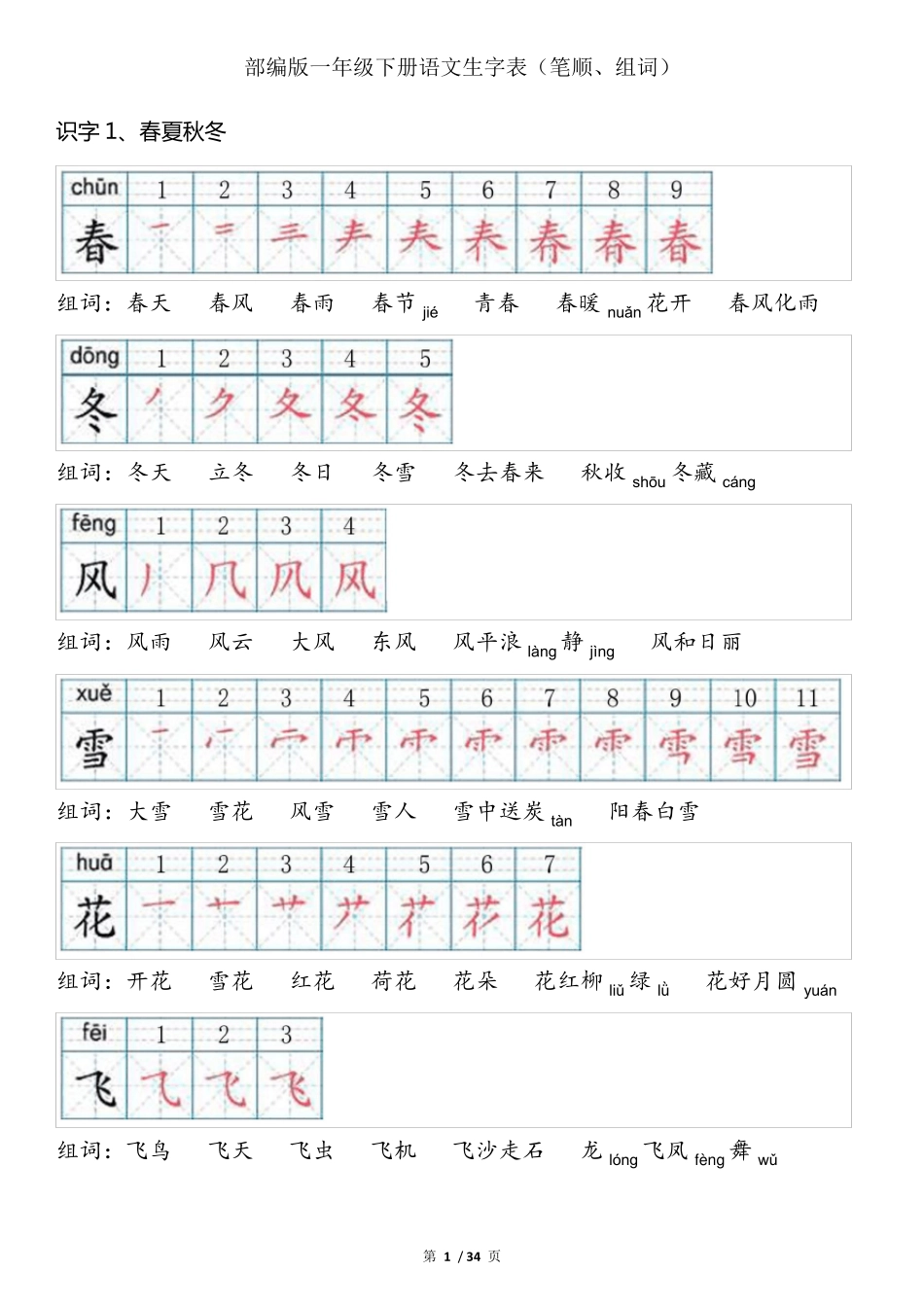 一年级下册语文生字笔顺组词(上)_第1页