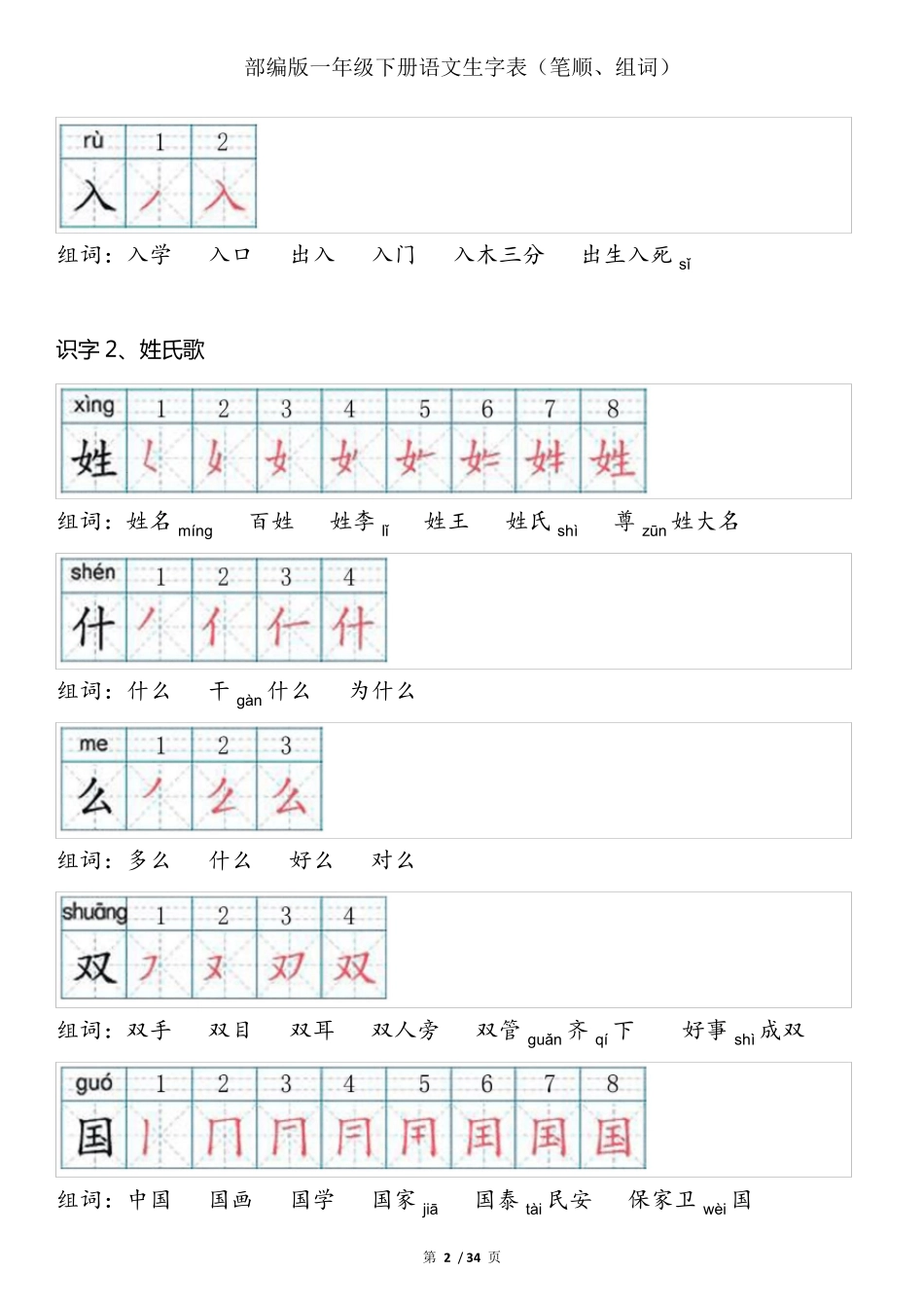 一年级下册语文生字笔顺组词(上)_第2页