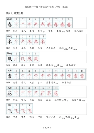 一年级下册语文生字笔顺组词(上)