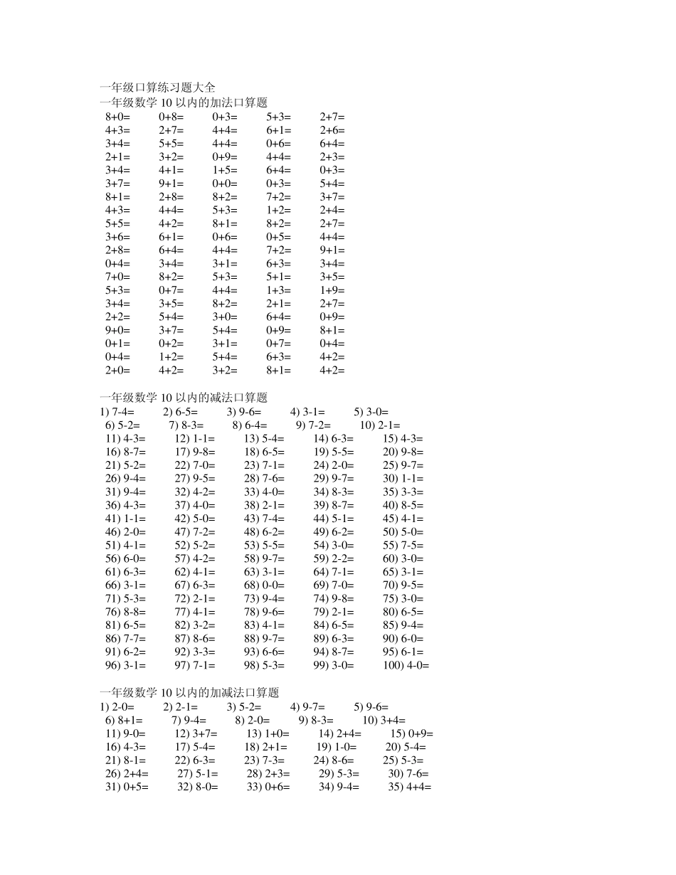 一年级口算练习题大全在路上的日志网易博客_第1页