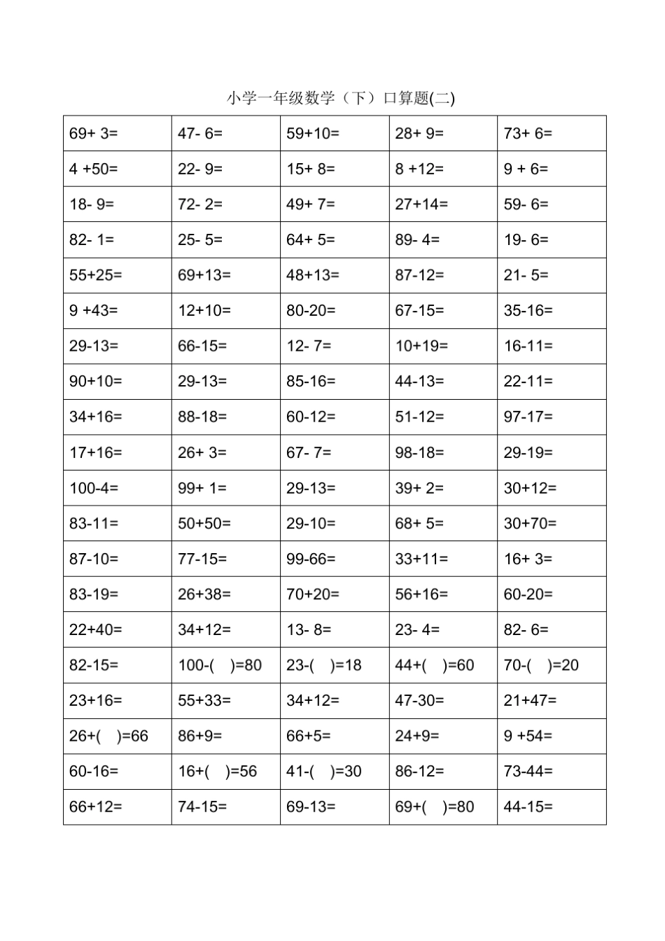 一年级口算过关测试题(100以内进退位加减法)口算不用愁非常实用_第2页