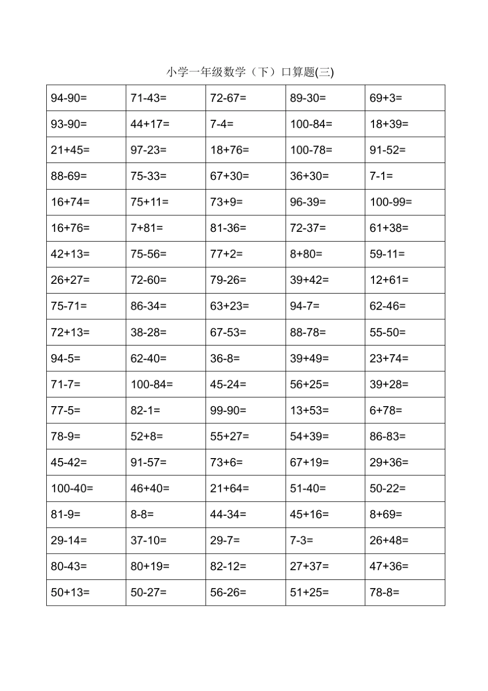 一年级口算过关测试题(100以内进退位加减法)口算不用愁非常实用_第3页