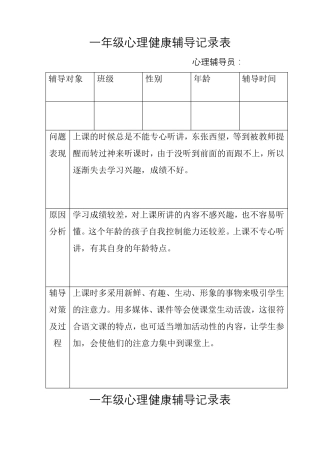 一年级心理健康辅导记录表