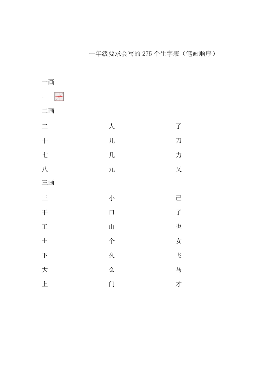 一年级要求会写的275个生字表(笔画顺序)_第1页