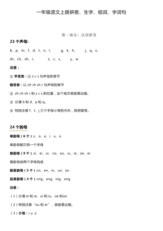 一年级语文上册拼音、生字、组词、字词句
