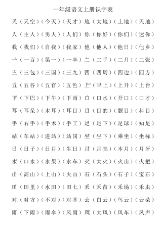 一年级语文上册组词表