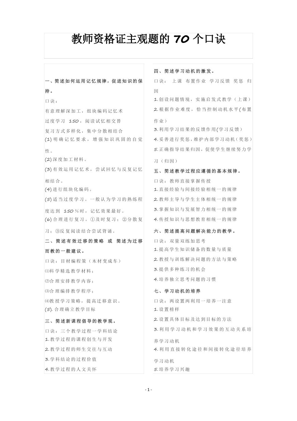 教师资格证主观题的70个口诀_第1页