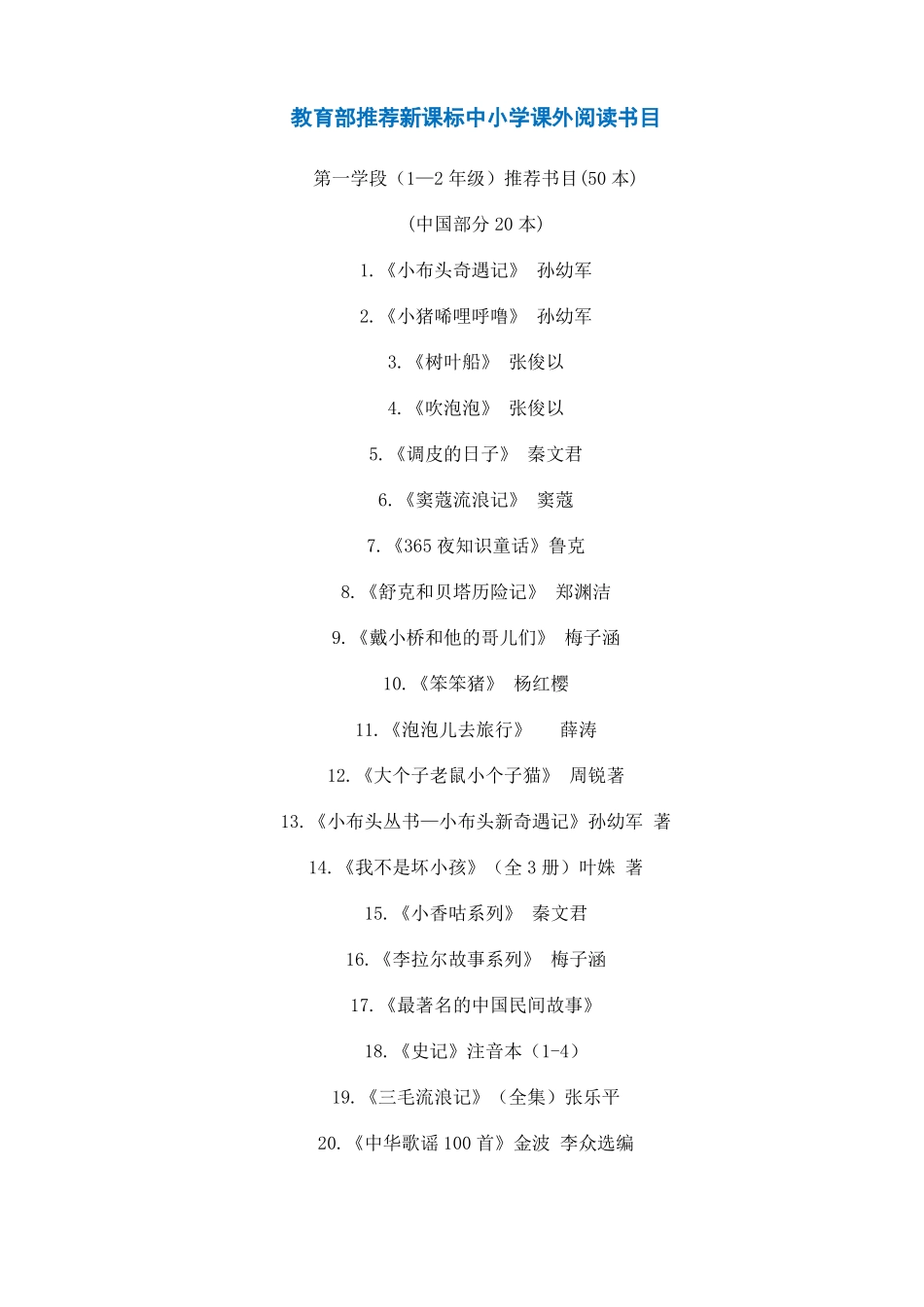 教育部推荐新课标中小学课外阅读书目-教育部中小学推荐书目_第1页