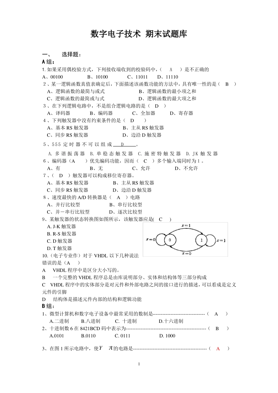 数字电子技术试题库及答案学霸专用,用了都说好汇总_第1页