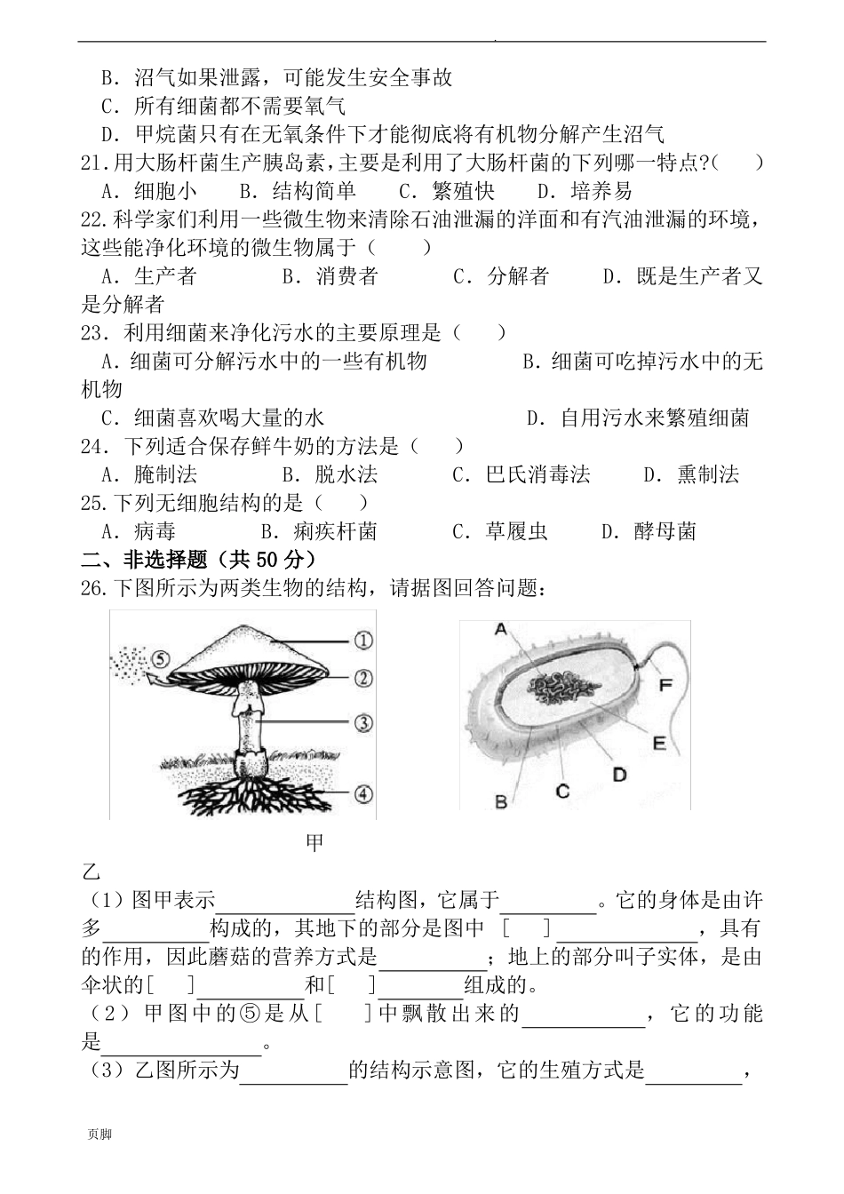 新人教版八年级生物学上第四五章细菌真菌病毒检测题和答案_第3页