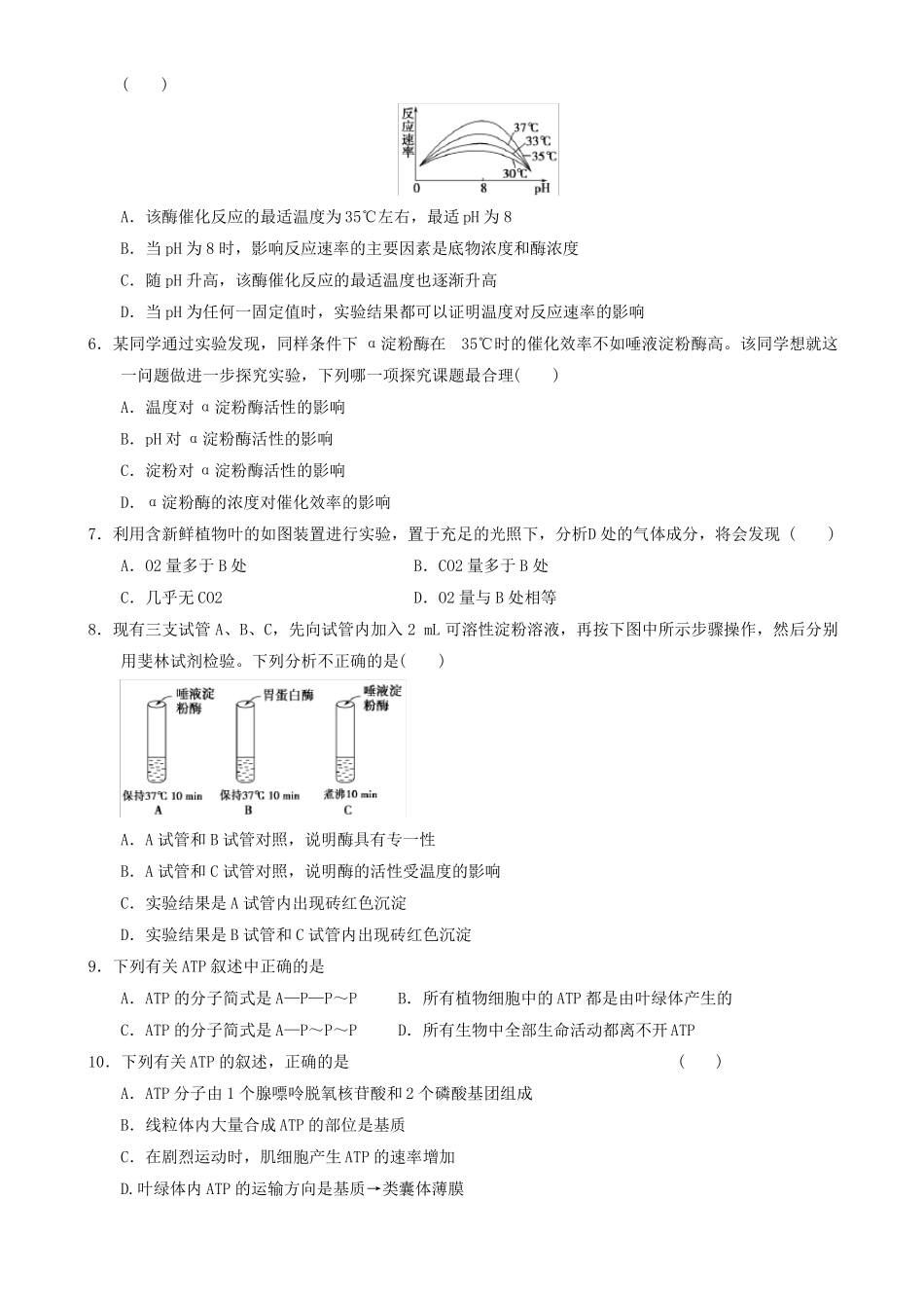 新人教版高中生物细胞的能量供应和利用单元测试题及答案_第2页