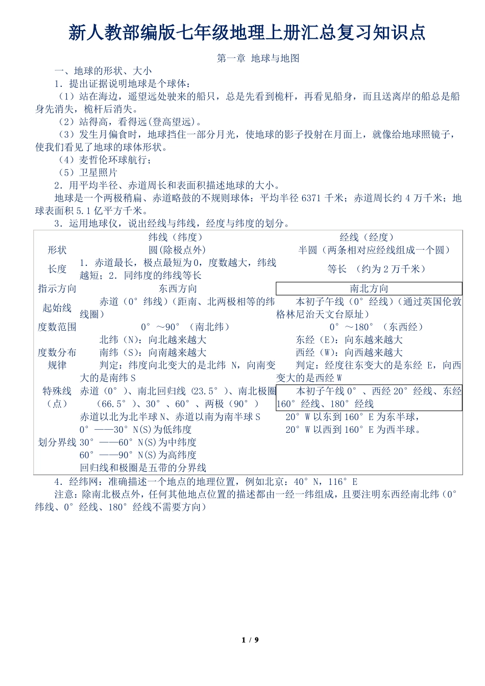 新人教部编版七年级地理上册汇总复习知识点_第1页