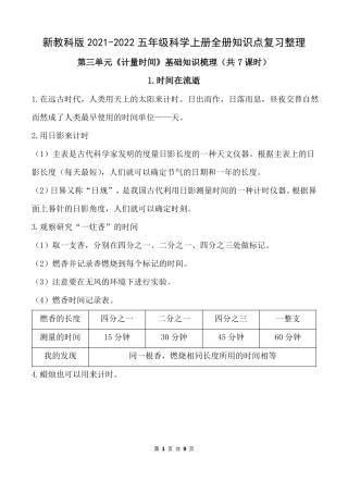 新教科版2022022五年级科学上册计量时间全部知识点复习整理