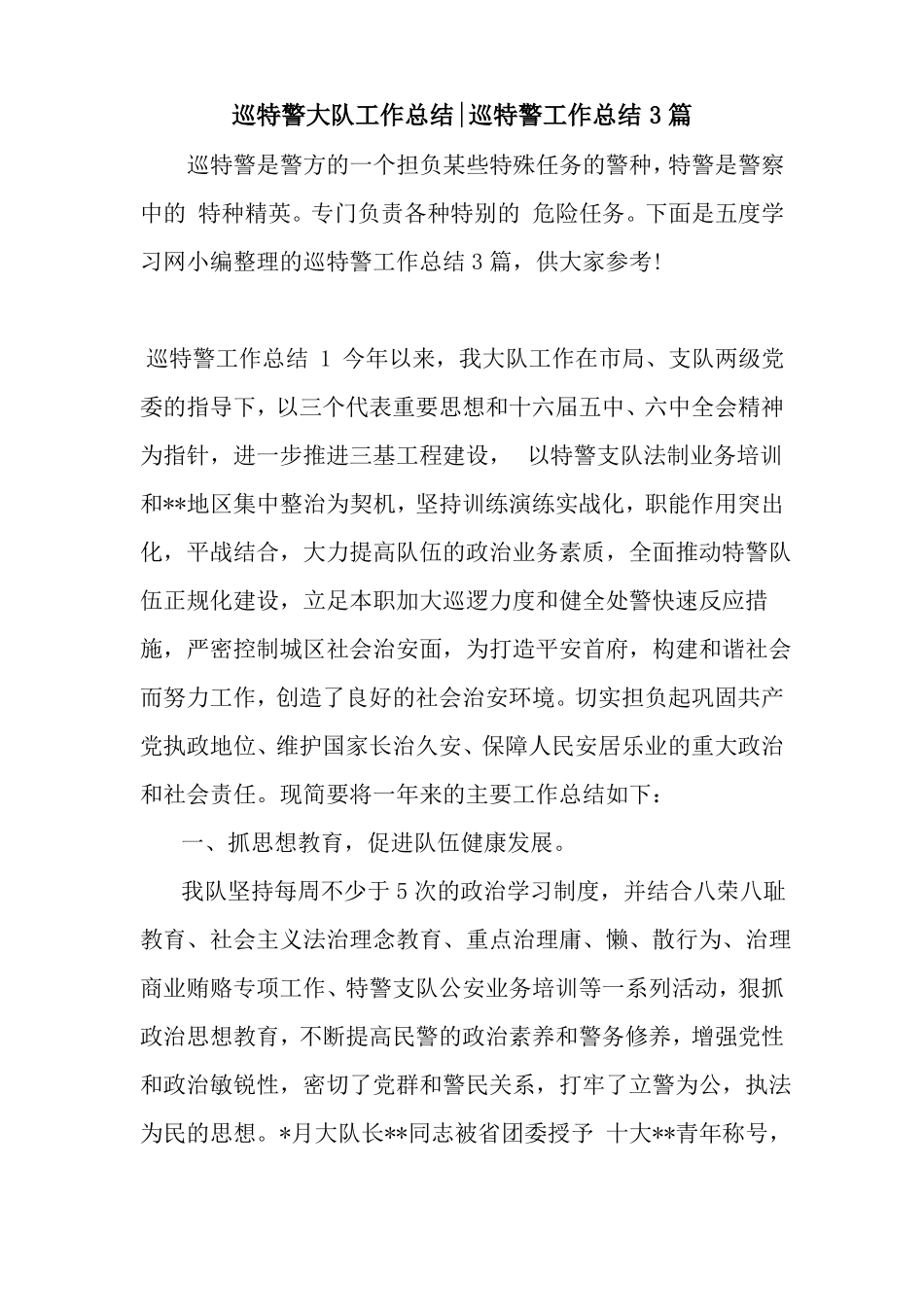 新整理巡特警大队工作总结-巡特警工作总结3篇_第1页