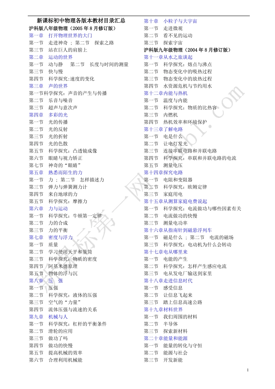 新课标初中物理各版本教材目录汇总_第1页