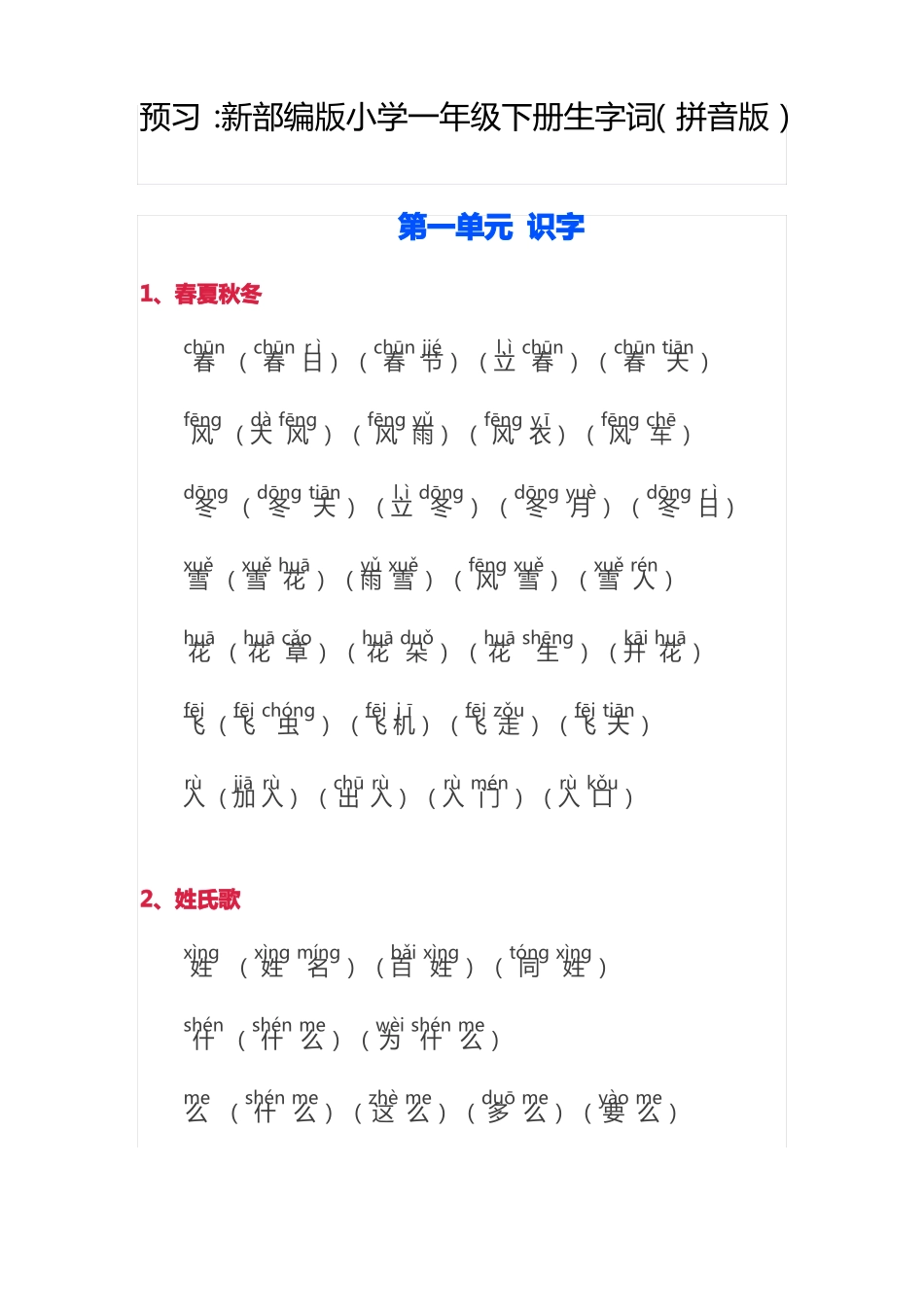 新部编版小学一年级下册生字词拼音版_第1页
