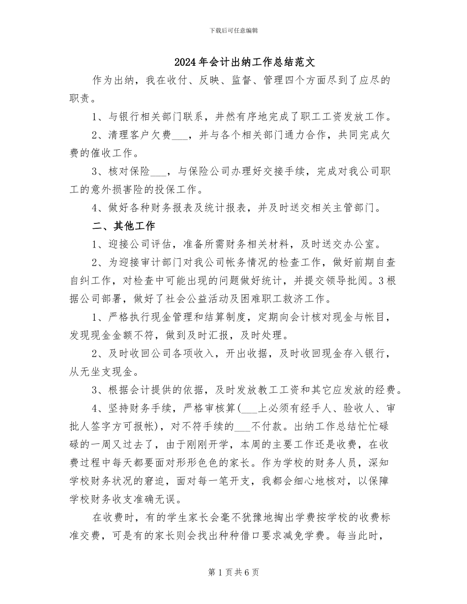 2024年会计出纳工作总结范文_第1页