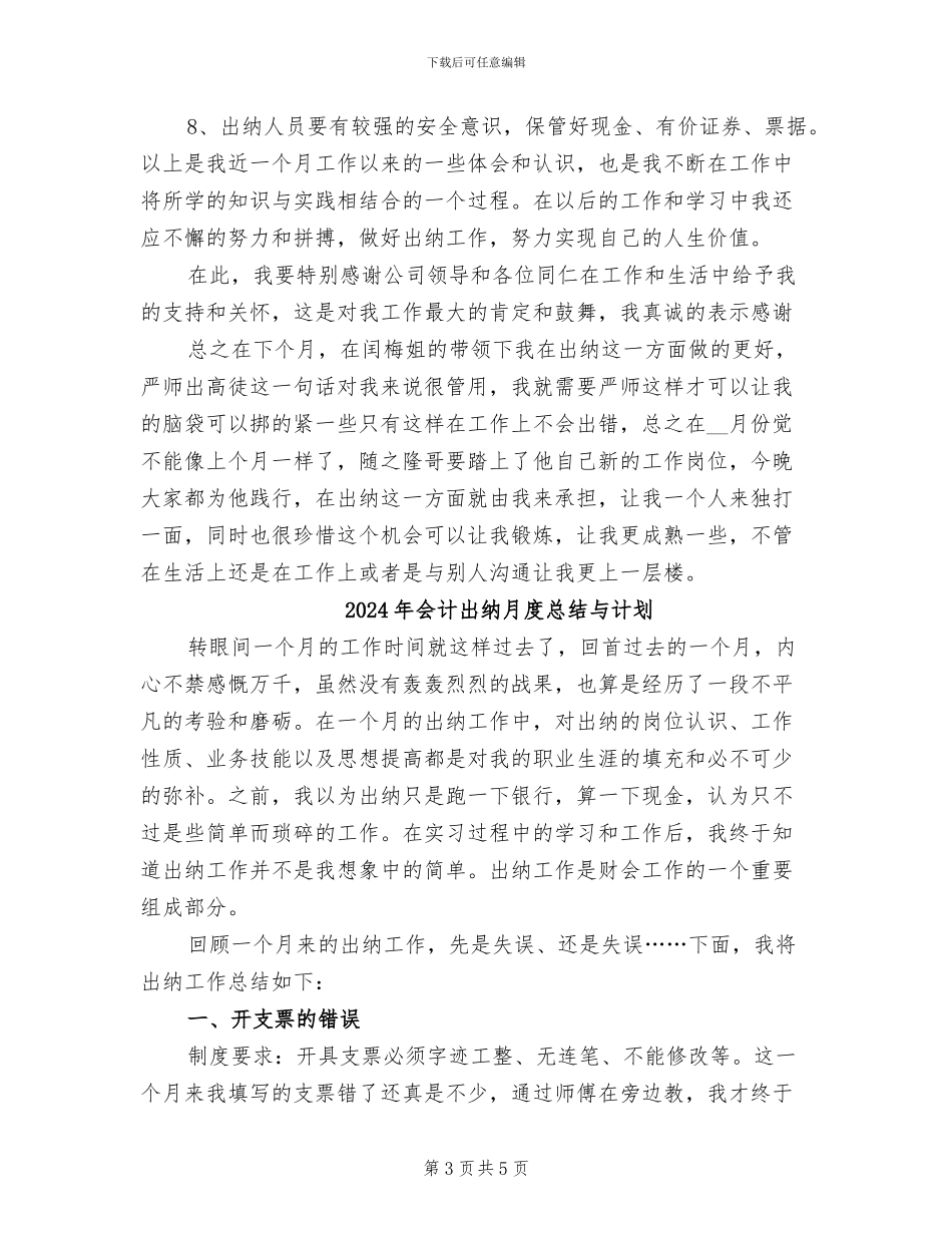 2024年会计出纳月度工作总结及工作计划_第3页