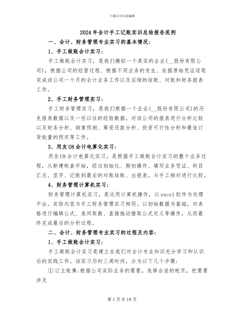 2024年会计手工记账实训总结报告范例_第1页