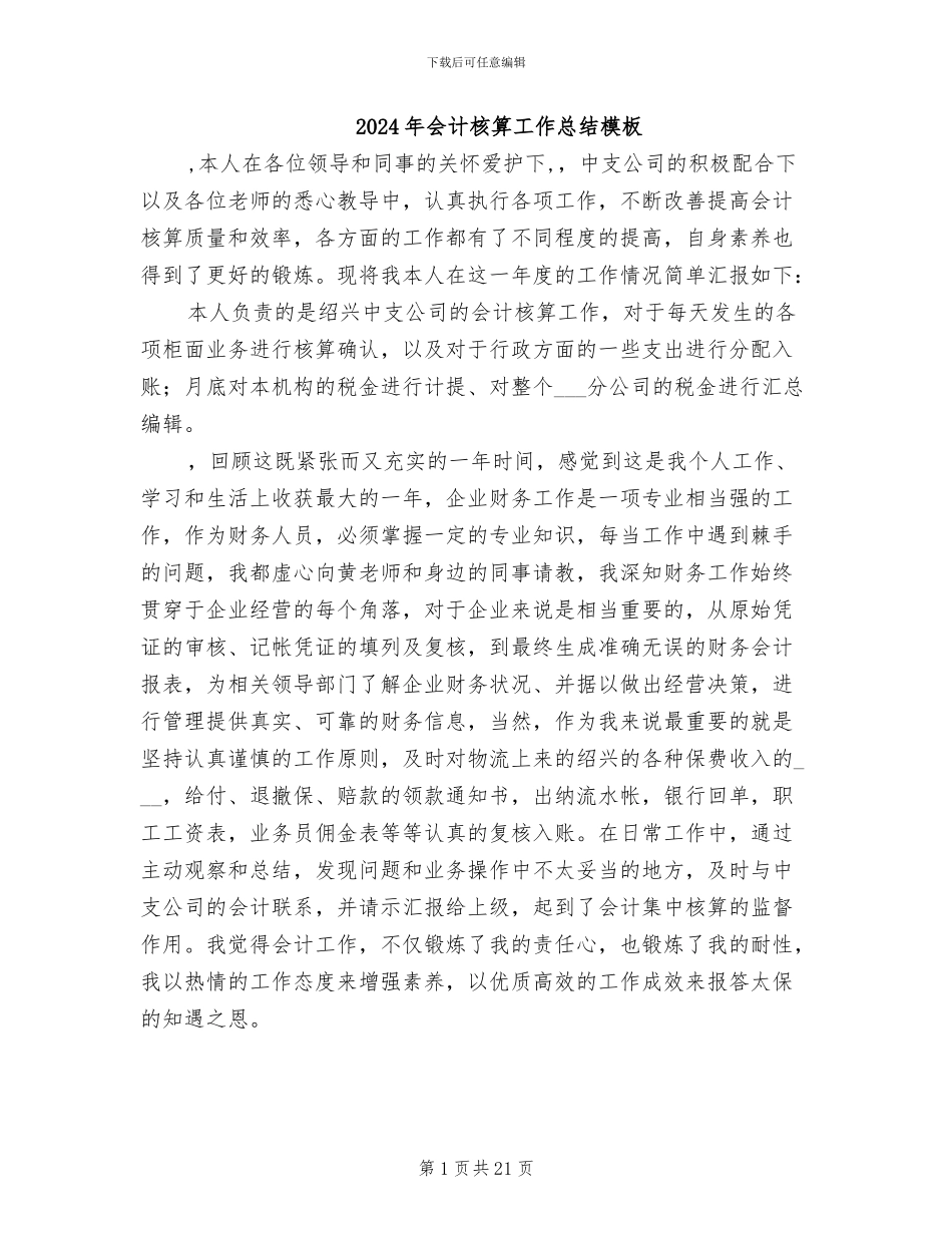 2024年会计核算工作总结模板_第1页