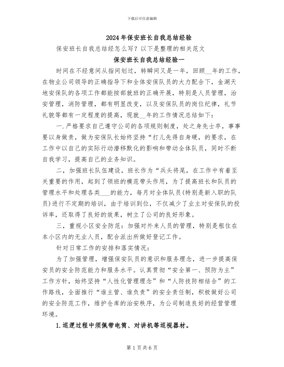 2024年保安班长自我总结经验_第1页