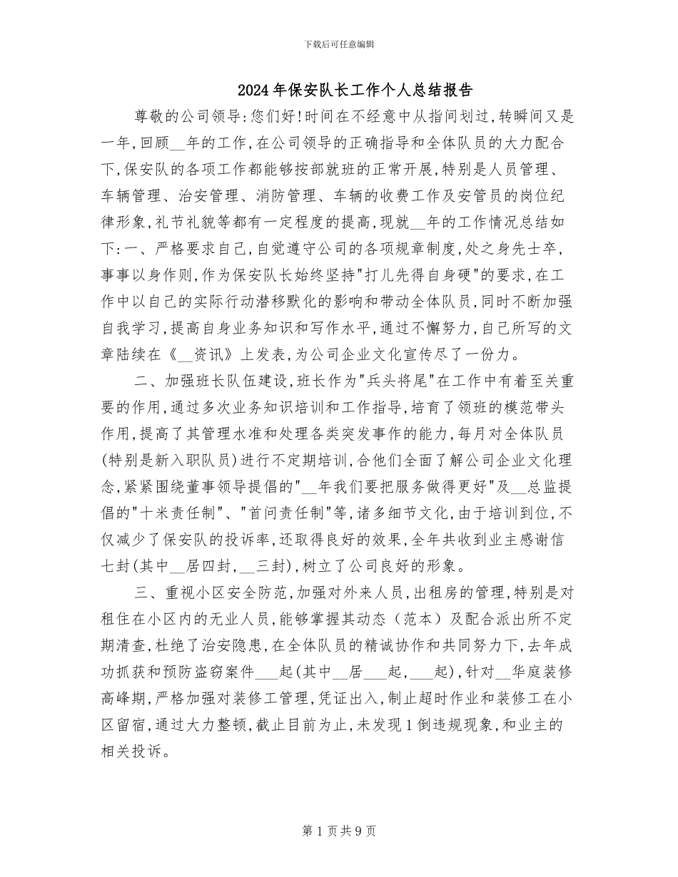 2024年保安队长工作个人总结报告_第1页