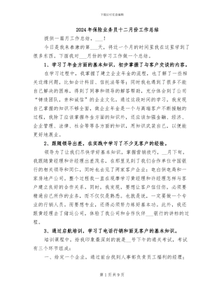 2024年保险业务员十二月份工作总结