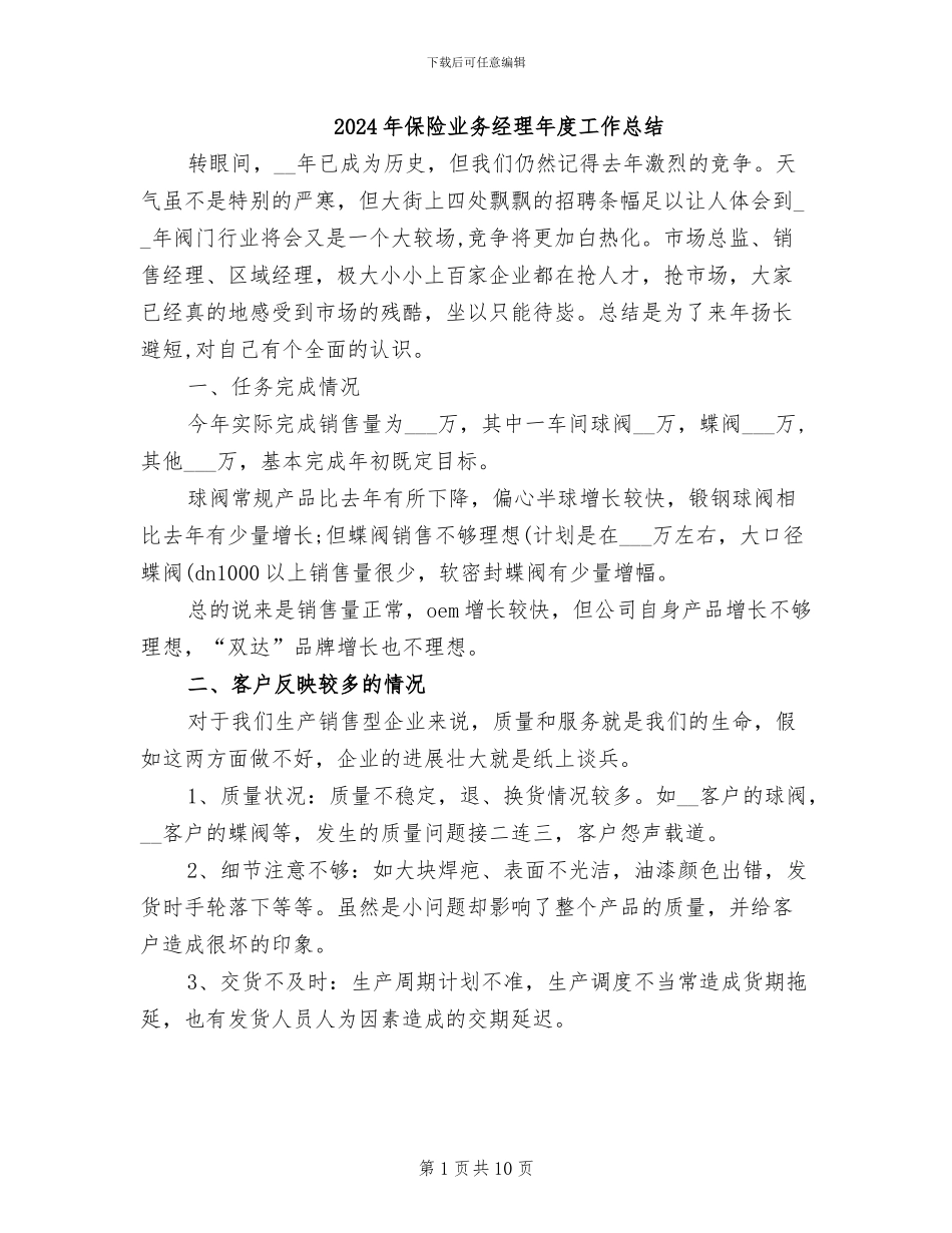 2024年保险业务经理年度工作总结_第1页