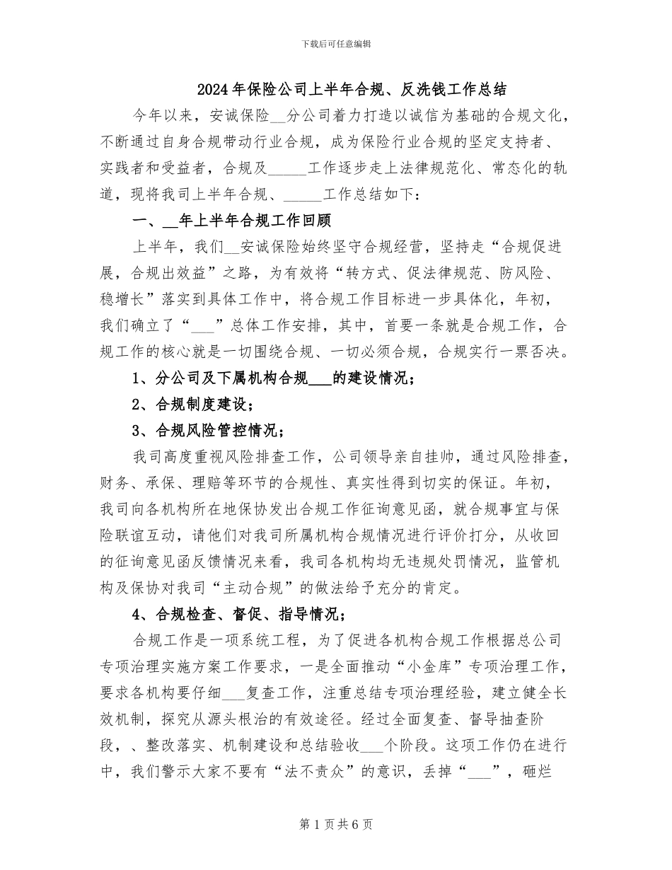 2024年保险公司上半年合规、反洗钱工作总结_第1页