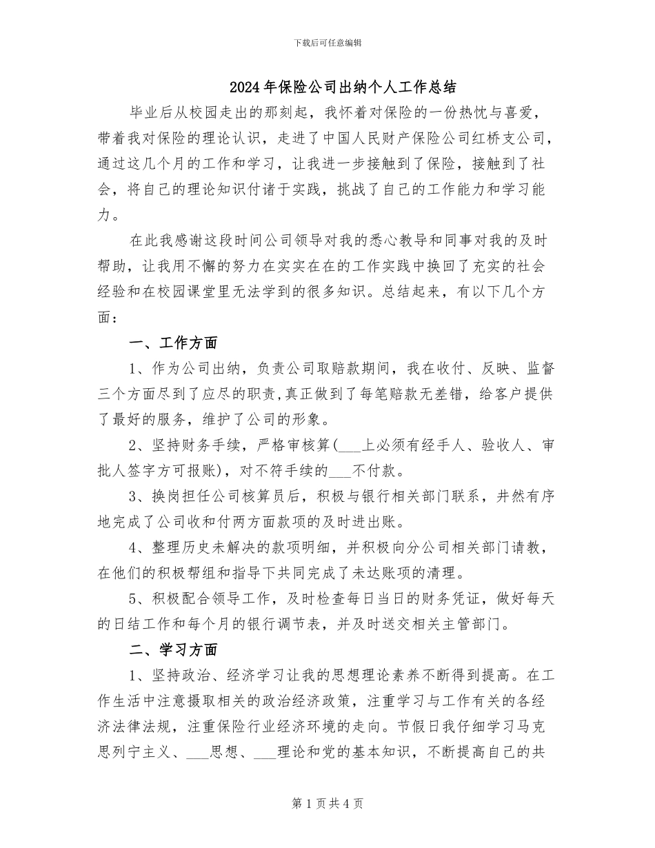 2024年保险公司出纳个人工作总结_第1页