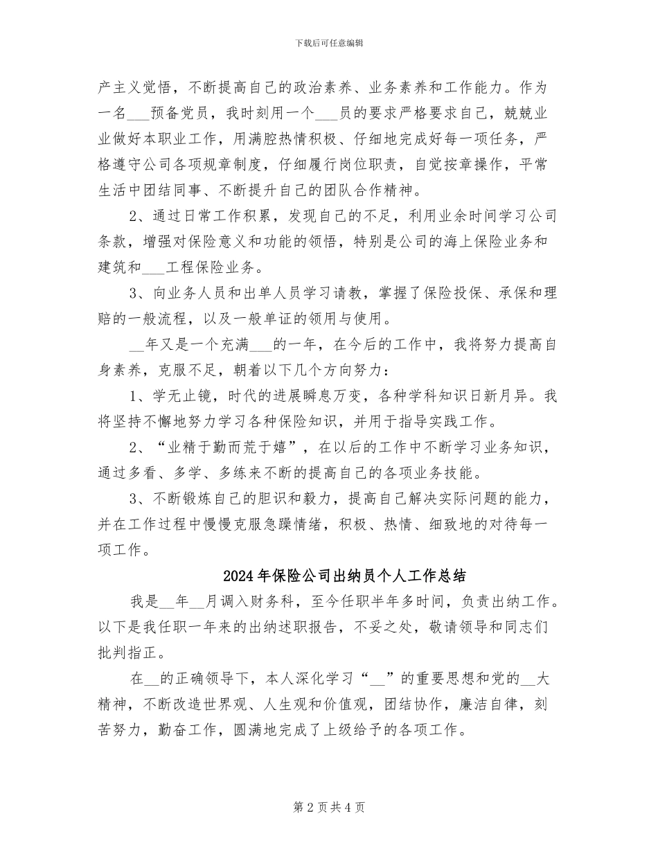 2024年保险公司出纳个人工作总结_第2页