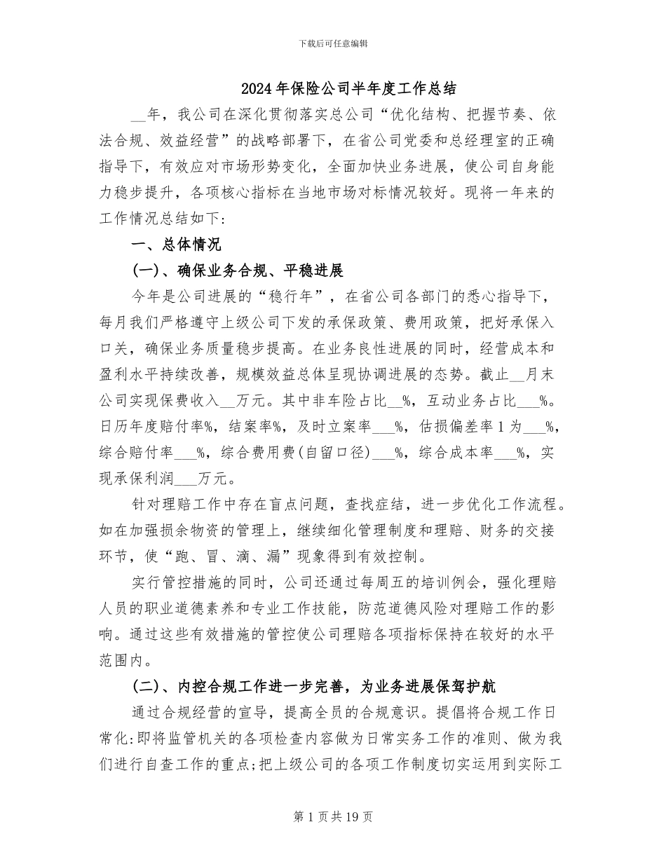 2024年保险公司半年度工作总结_第1页