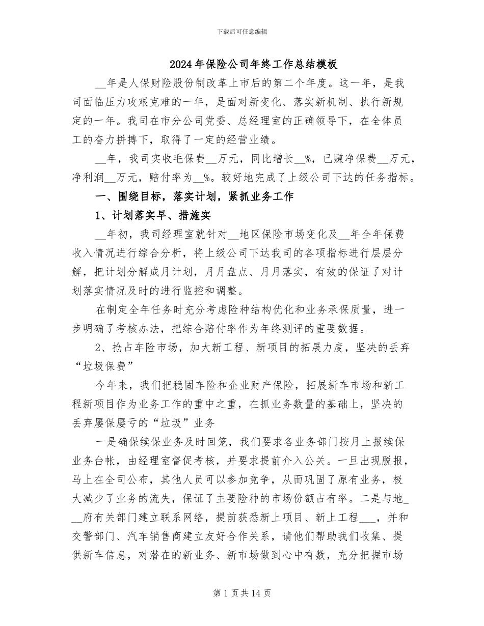 2024年保险公司年终工作总结模板_第1页