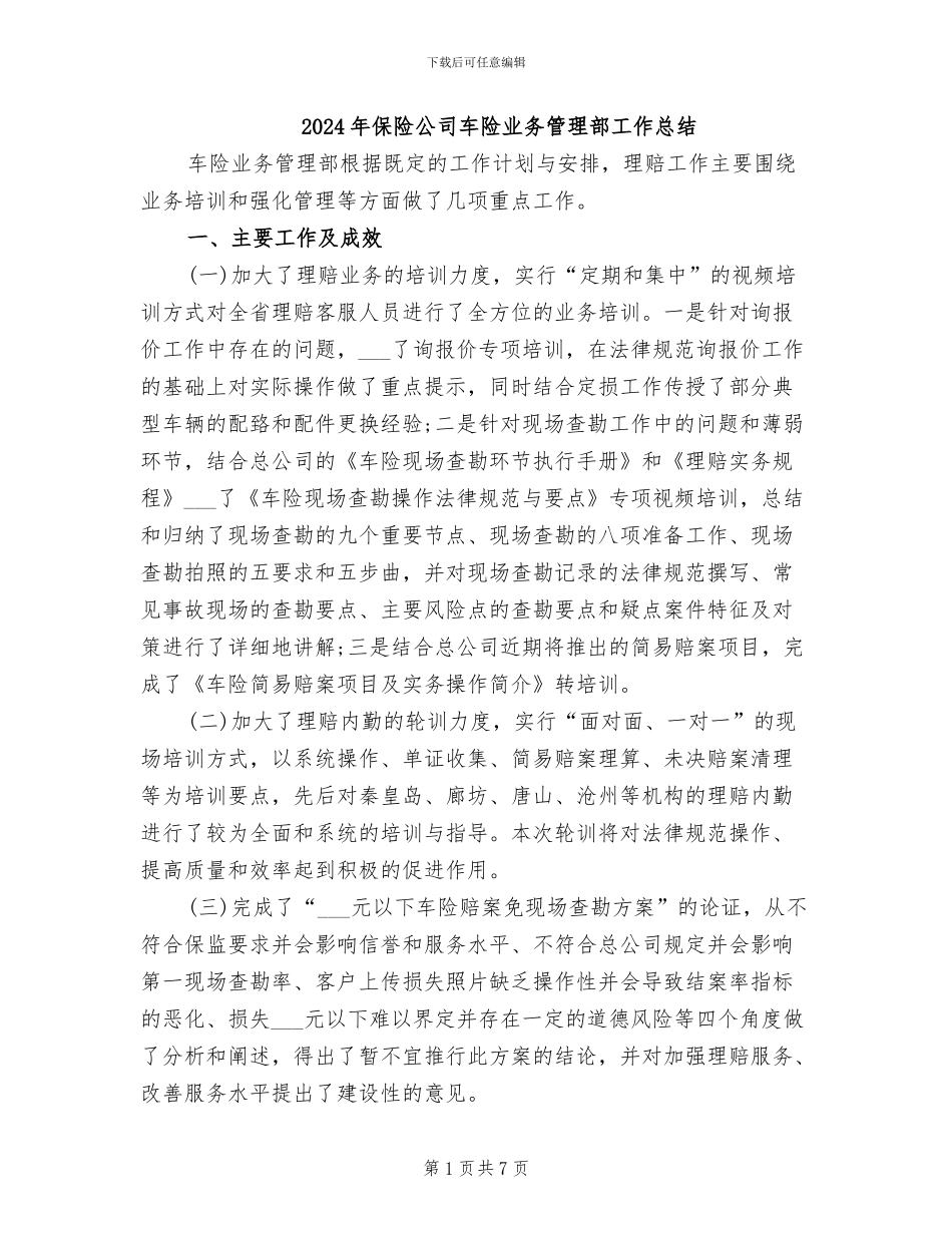 2024年保险公司车险业务管理部工作总结_第1页