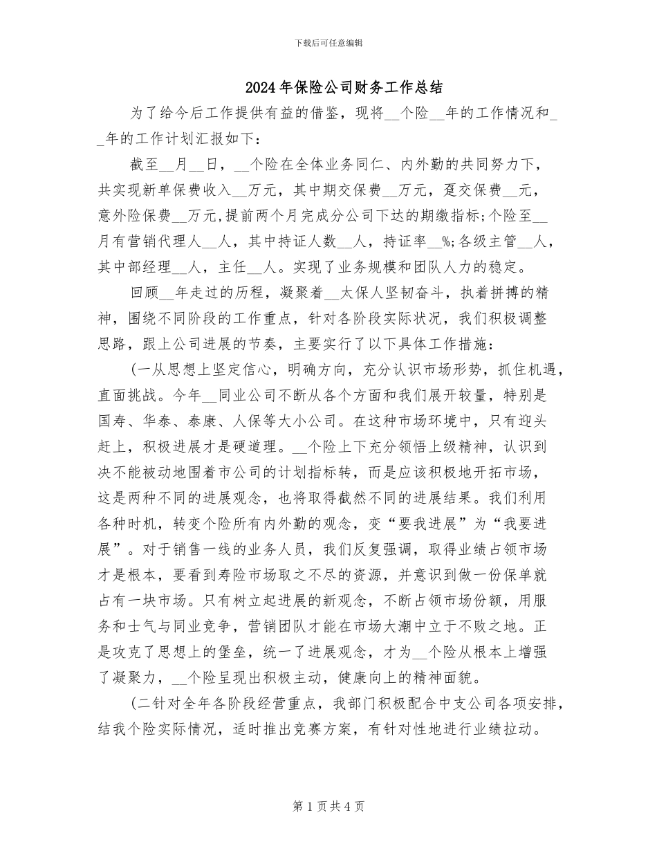 2024年保险公司财务工作总结_第1页