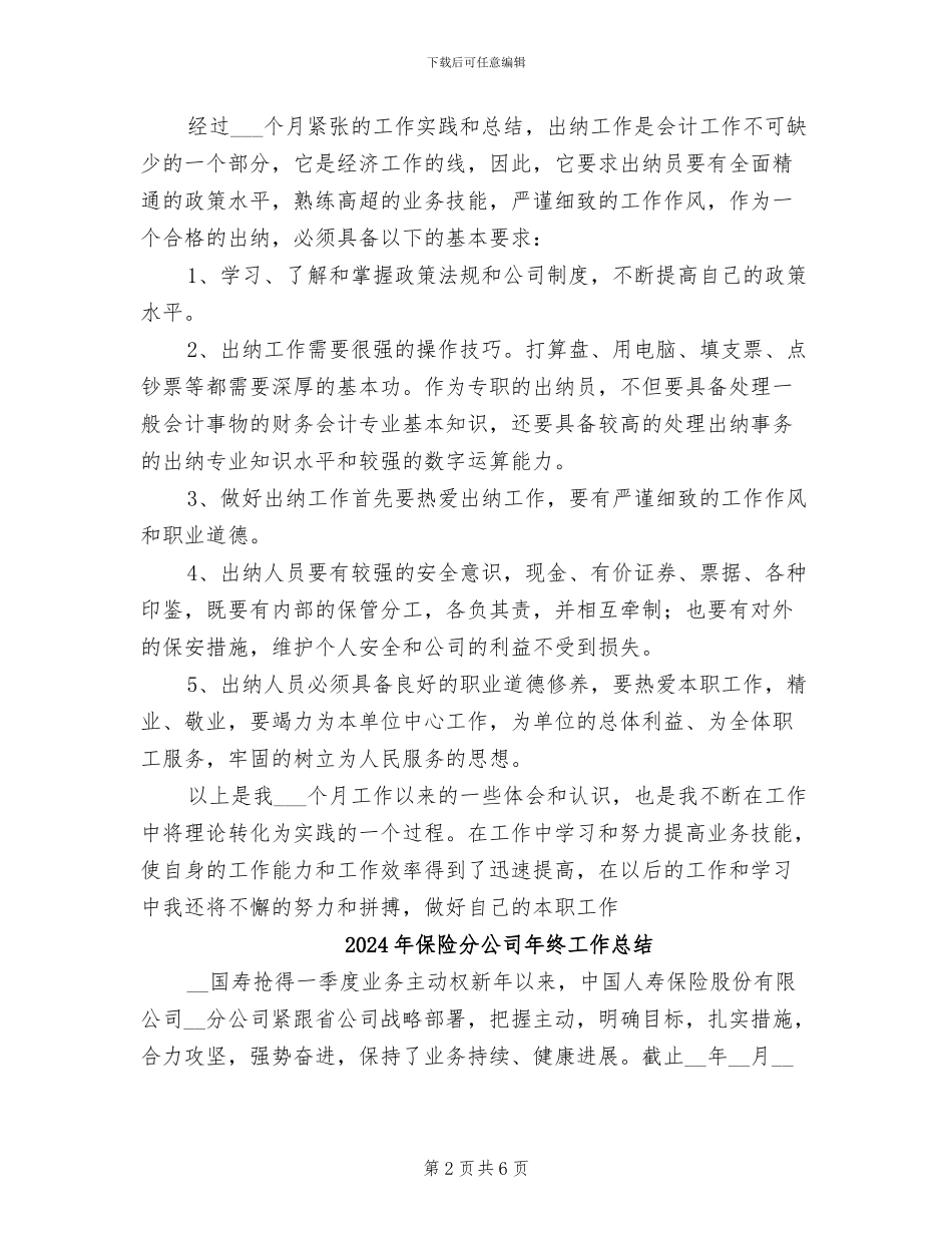 2024年保险出纳财务工作总结_第2页