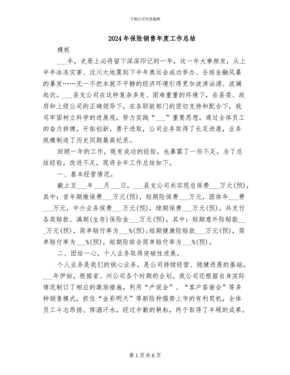 2024年保险销售年度工作总结_第1页