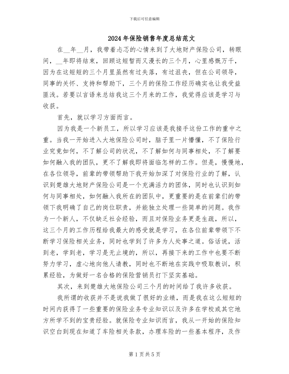 2024年保险销售年度总结范文_第1页