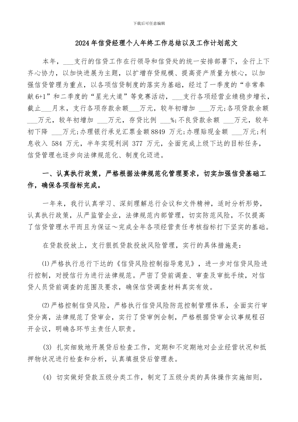 2024年信贷经理个人年终工作总结以及工作计划范文_第1页