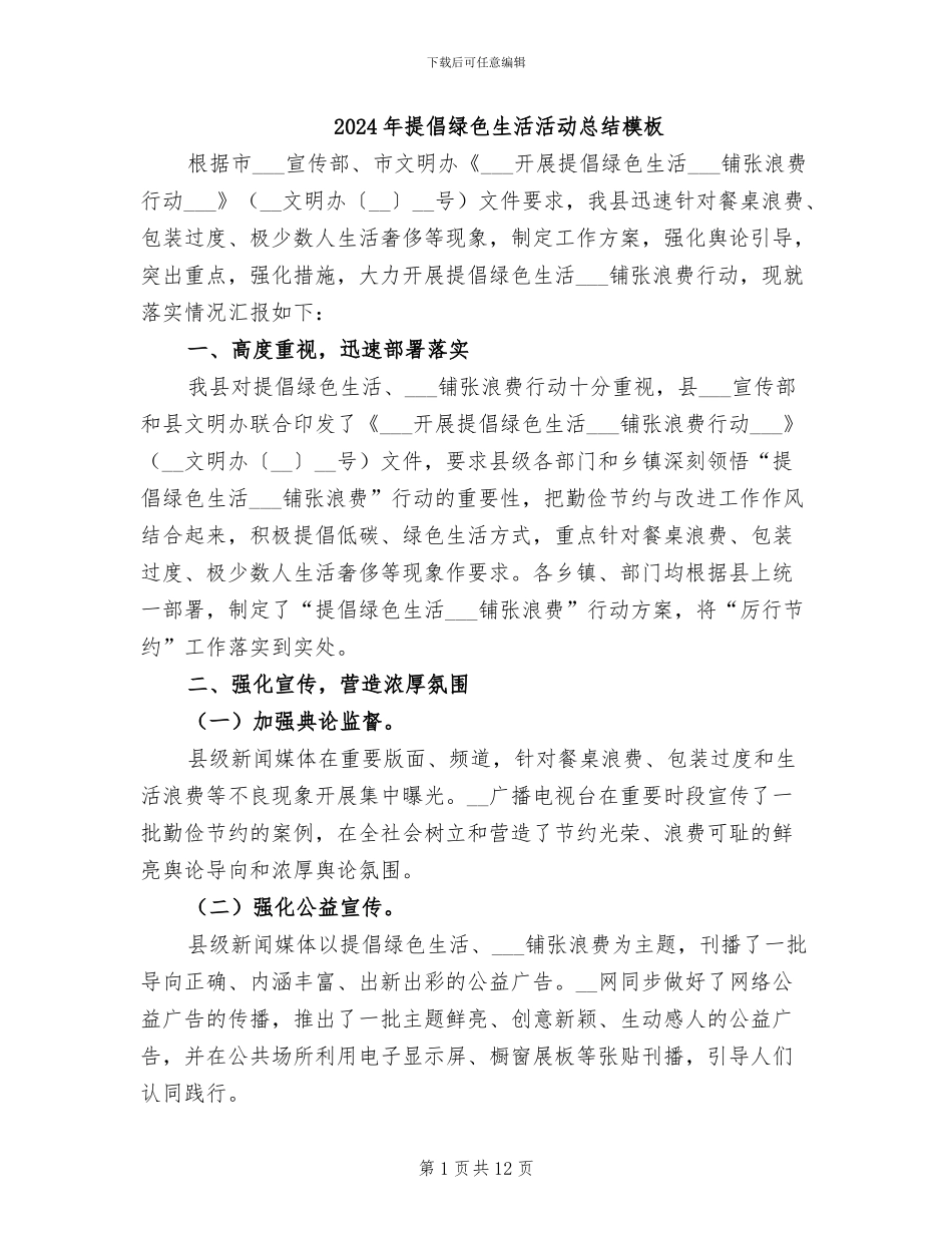 2024年倡导绿色生活活动总结模板_第1页