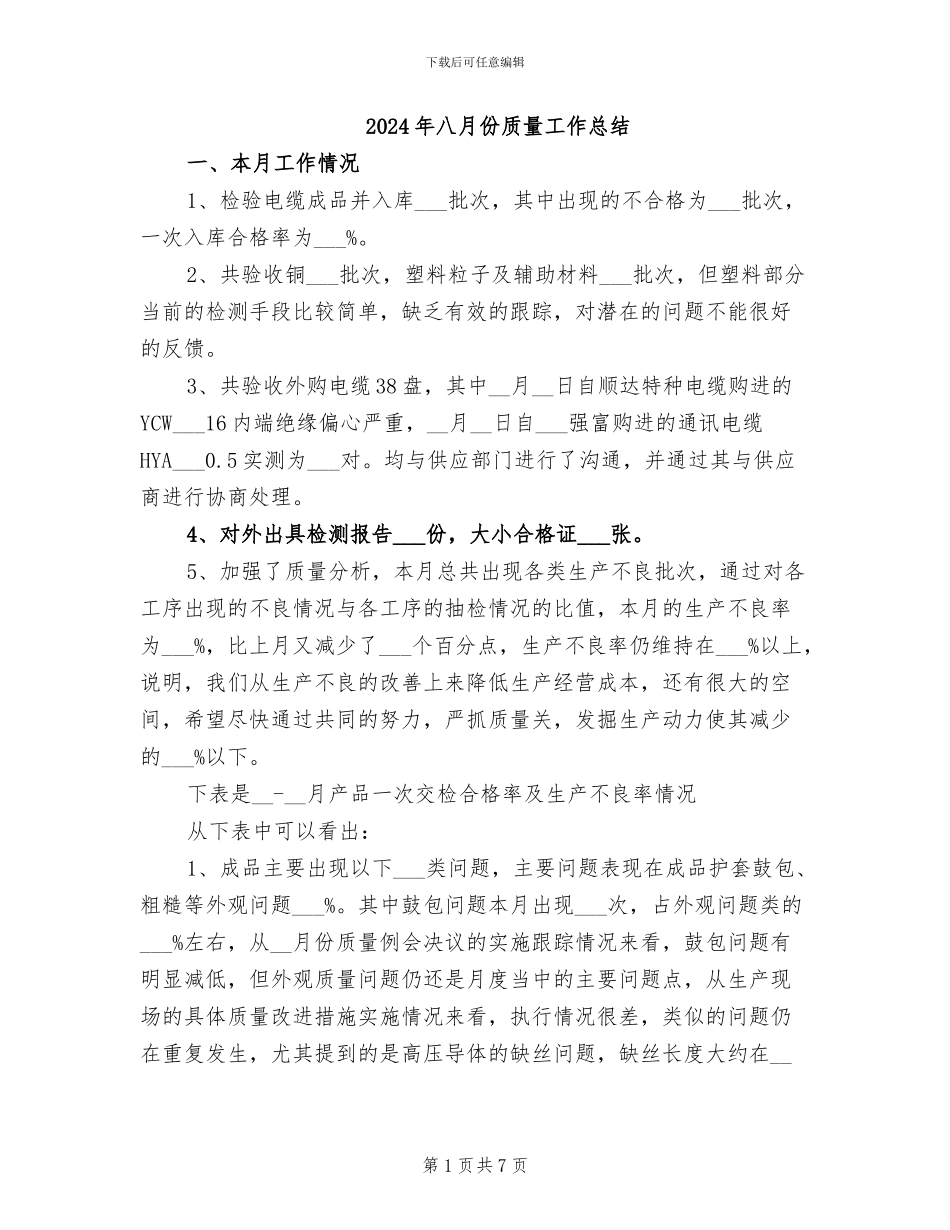2024年八月份质量工作总结_第1页