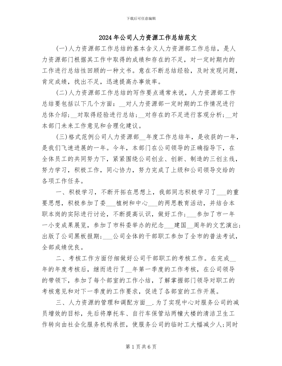 2024年公司人力资源工作总结范文_第1页