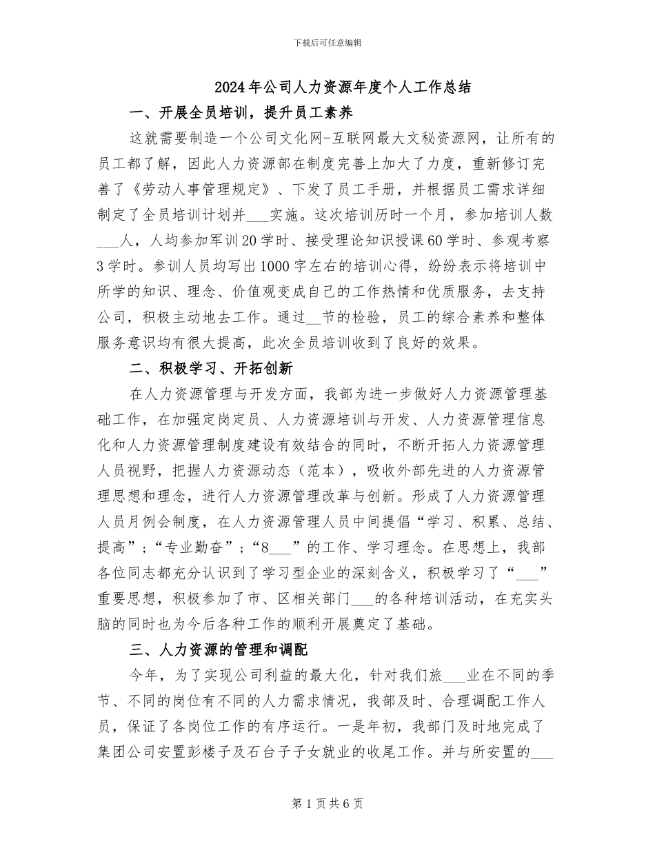 2024年公司人力资源年度个人工作总结_第1页