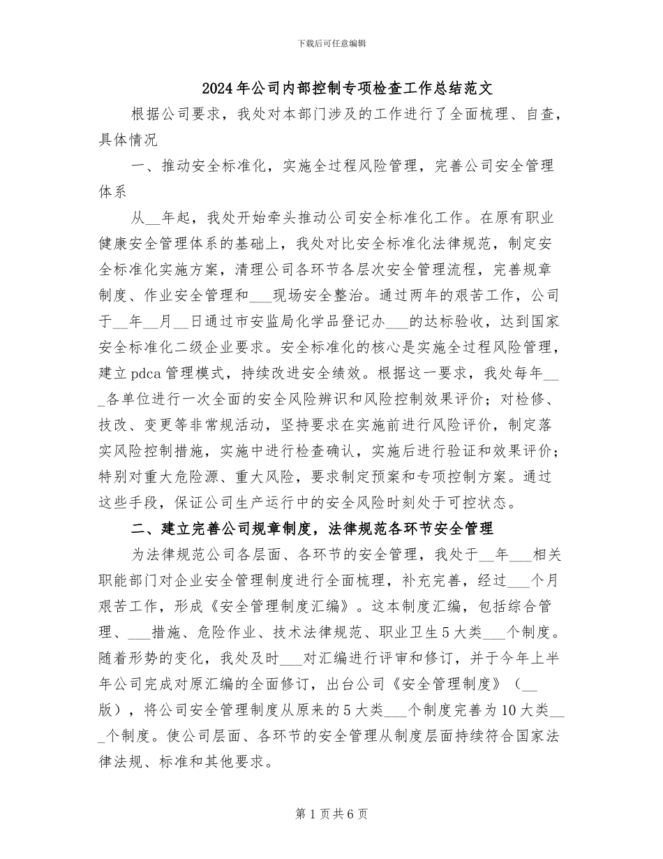 2024年公司内部控制专项检查工作总结范文_第1页