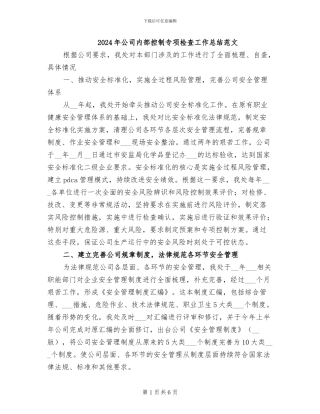 2024年公司内部控制专项检查工作总结范文