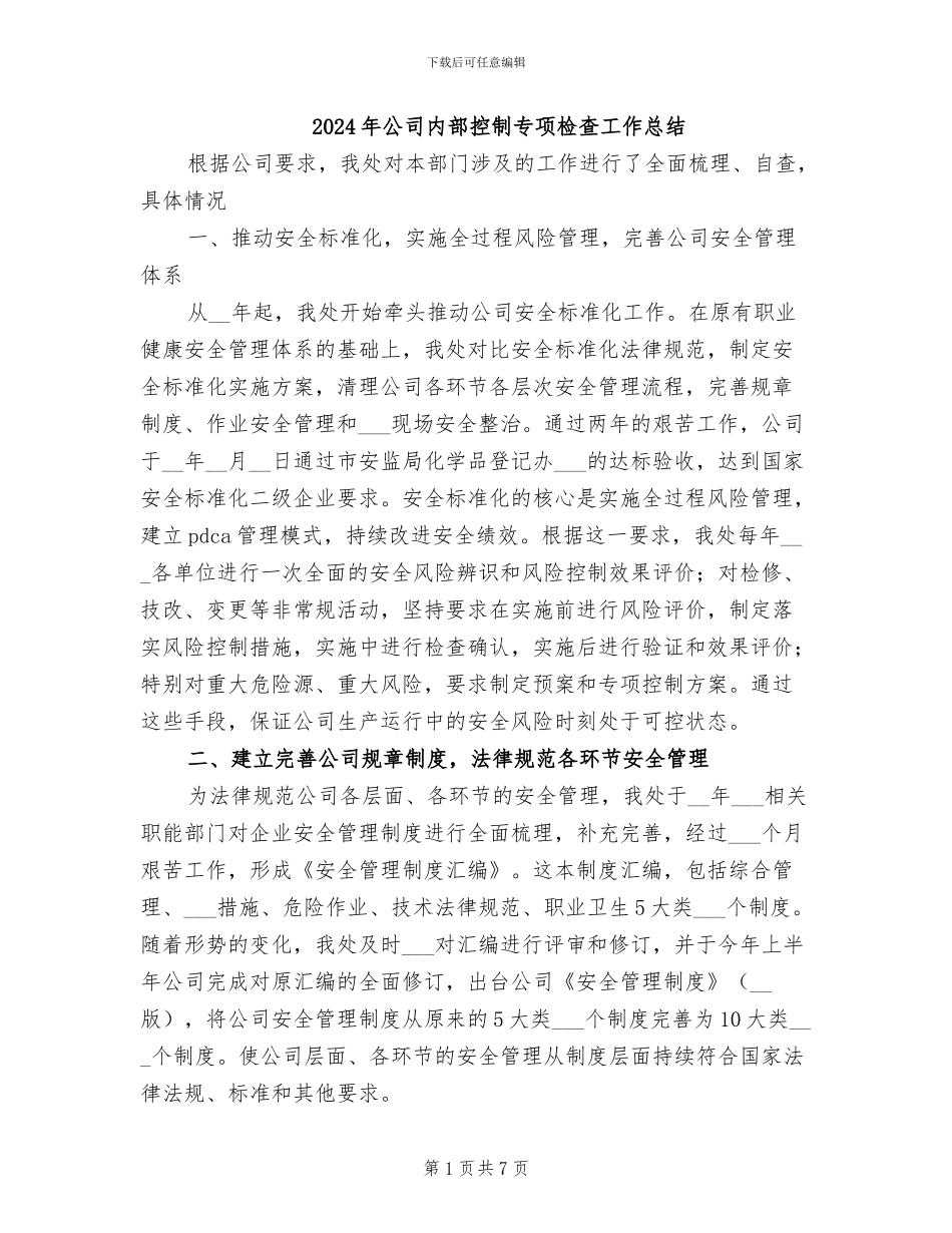 2024年公司内部控制专项检查工作总结_第1页