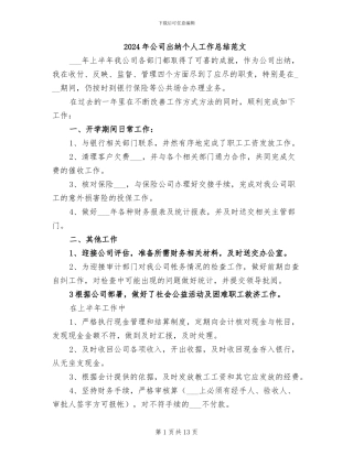 2024年公司出纳个人工作总结范文