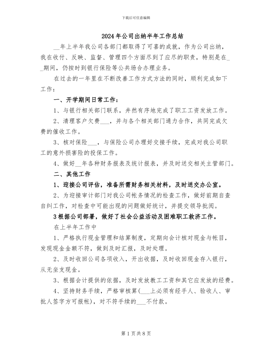 2024年公司出纳半年工作总结_第1页